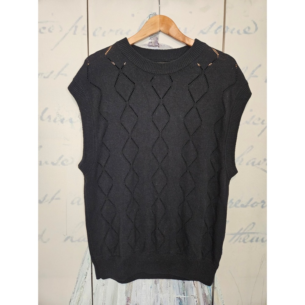 NN07 Sweater Vest S Black Pointelle Diamond Knit Italian Yarn Dark Academia